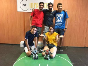 The complete Humanoid Lab team, from CSIC-UPC. The junior students Àlex Gonzàlez and Martí Zaera, together with the senior ones, Laia Freixas and Alejandro Suárez.